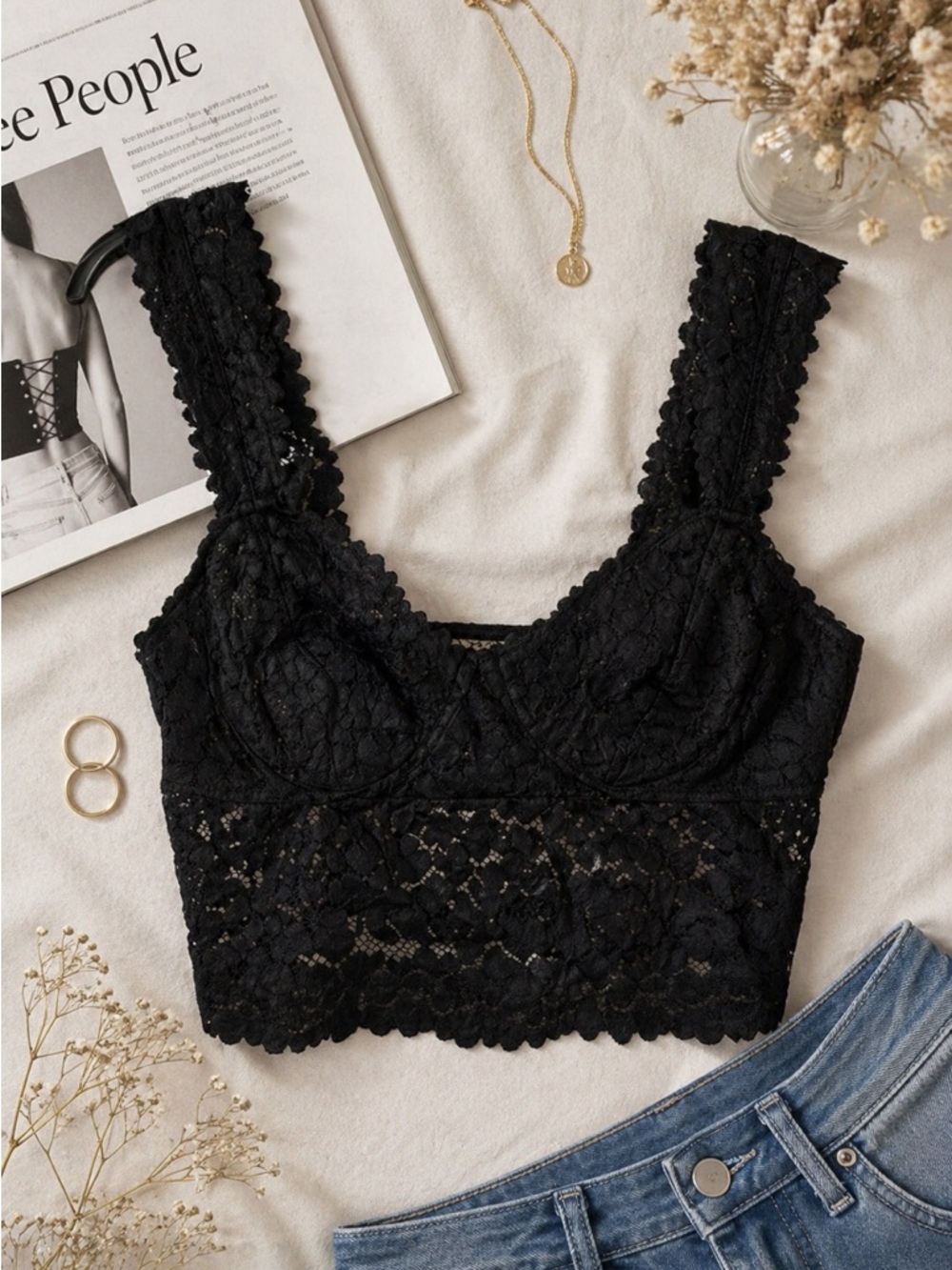 Free People “Dream Away” Black Lace bralette